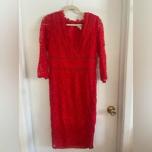 Premier Amour Red Long Sleeve Lace Dress